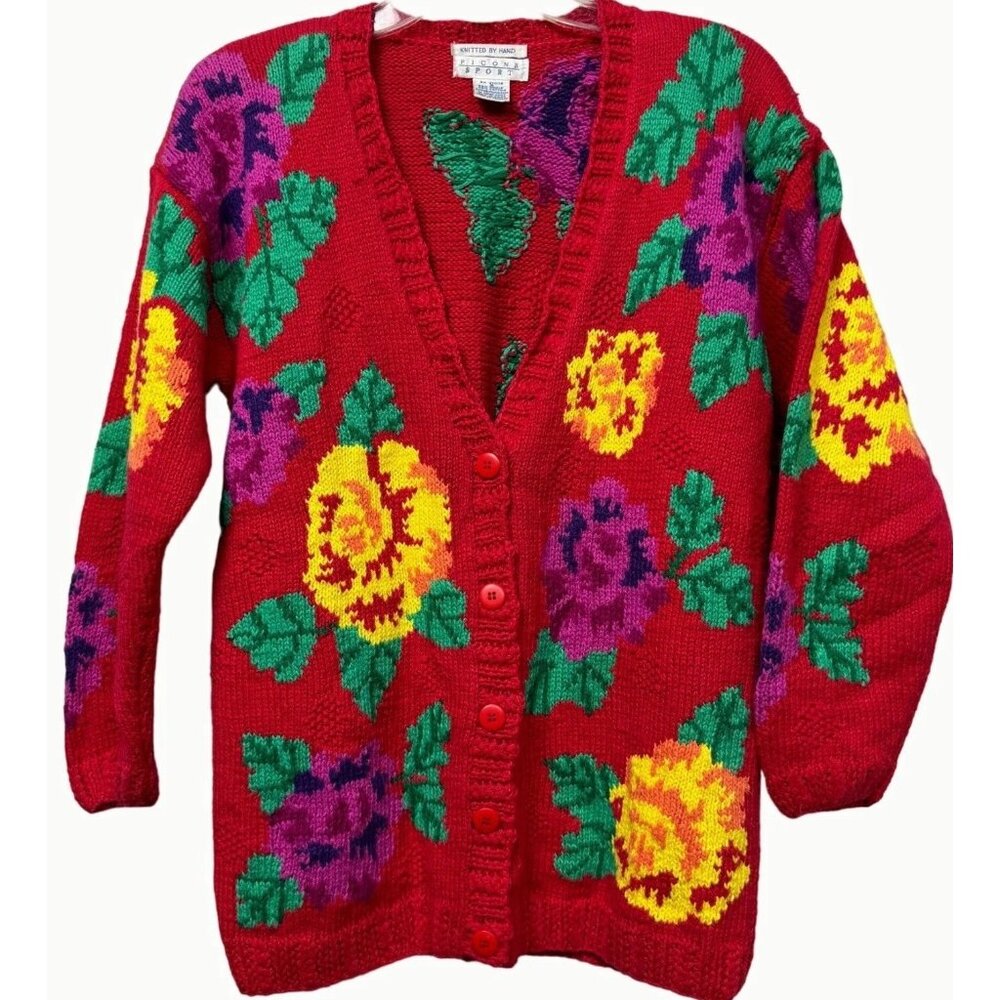 Picone Sport Women’s Floral Hand Knit Cardigan Red Multi V-Neck Sweater S